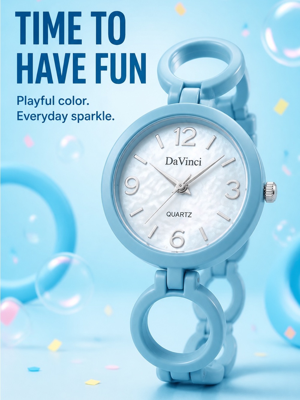 DaVinci Ice Blue Round Link Bracelet Watch